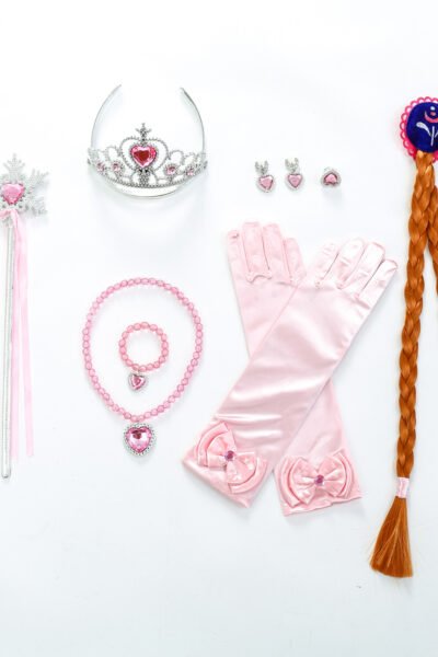 Barn Frost Prinsess Tillbehör Rosa 9PC Hårfläta Trollstav Krona Handskar Halsband Armband Ringar Örhängen