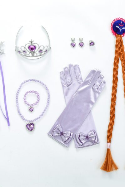 Barn Frost Prinsess Tillbehör Lila 9PC Hårfläta Trollstav Krona Handskar Halsband Armband Ringar Örhängen